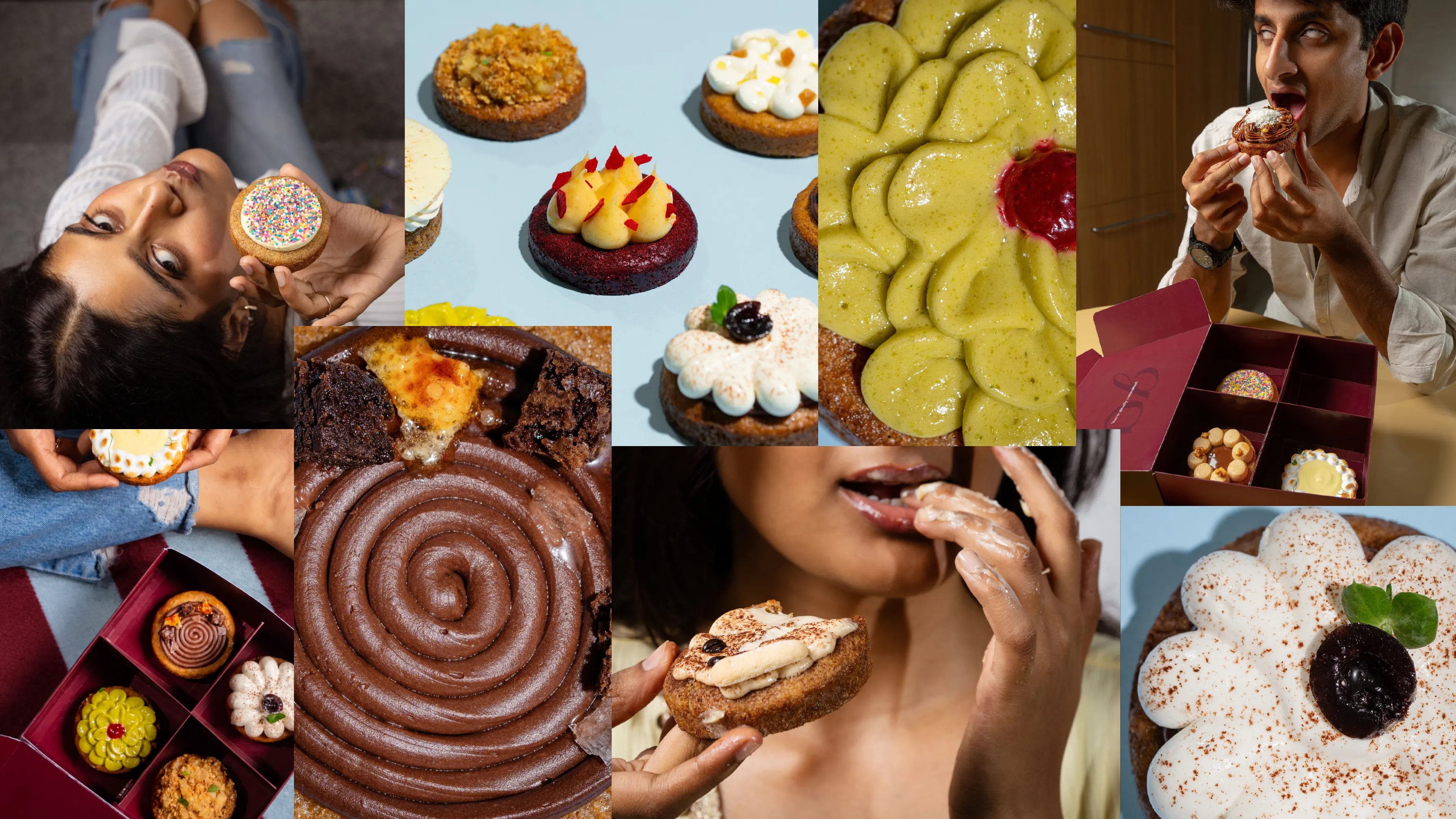 The Biteback September campaign: models biting cookies, the burgundy box, pistachio and chocolate up close
